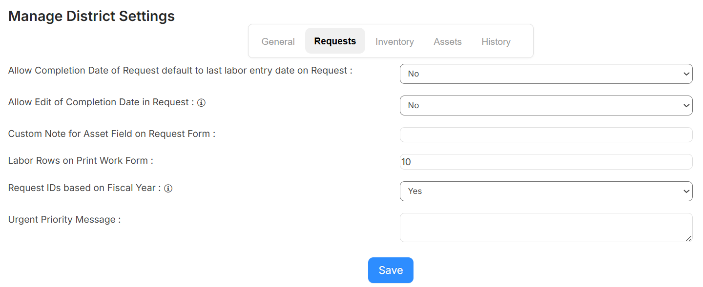General Setting - Requests tab.